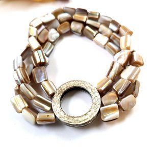 Vintage Womens Bracelet Mother of Pearl Natural Shell Three Stranded Silver Tone